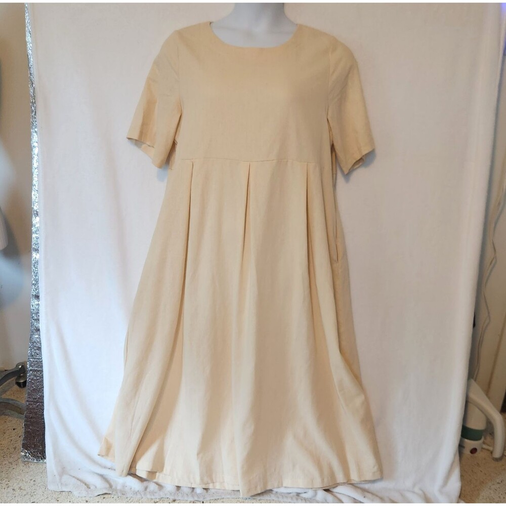 Cream Linen Blend Women's XL Maxi Smock Dress Pockets Pleated